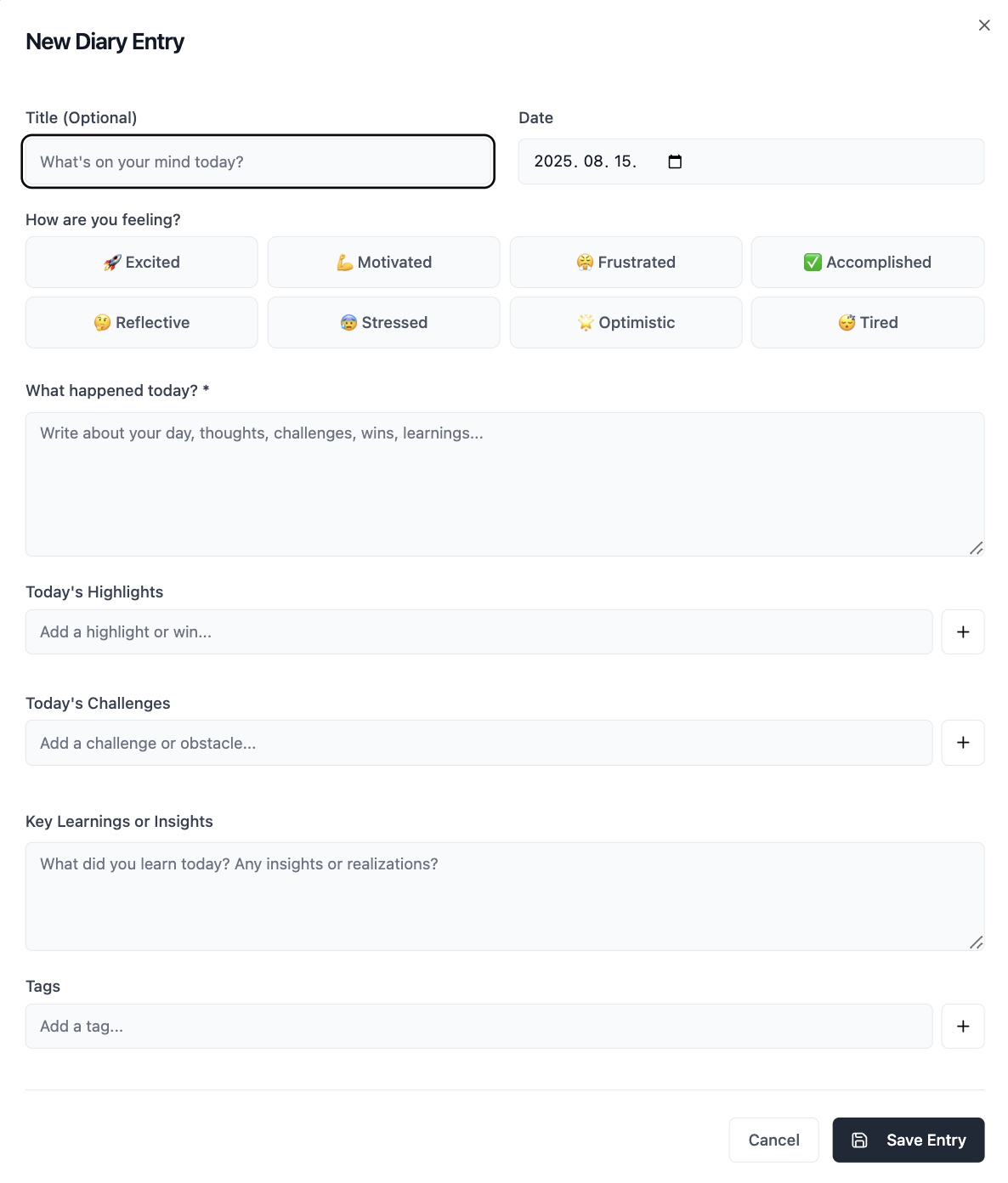 Daily diary entry interface showing authentic founder thoughts and experiences